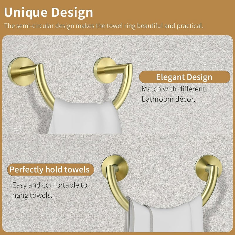HouseAid Stainless Steel Towel Ring for Bathroom, Hand Towel Holder, Modern Semi-Circular Hand Towel Rack, Wall Mounted, Brushed Gold - Image 4